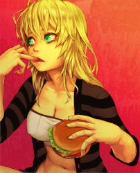 Rule 34 | 1girl, bad id, bad pixiv id, bags under eyes, blonde hair, breasts, burger, cleavage, eating, face, finger in own mouth, food, green eyes, large breasts, licking, licking finger, lips, lipstick, long hair, makeup, midriff, mustard seeds, navel, open clothes, open shirt, original, shirt, solo, strapless, striped, tongue, tube top, yuuji (and)