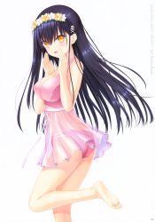 Rule 34 | 1girl, :d, absurdres, ass, bare shoulders, barefoot, bikini, black hair, blush, breasts, cleavage, copyright name, flower, hair between eyes, hair flower, hair ornament, halterneck, head wreath, highres, kushima kamome, large breasts, leg up, long hair, looking at viewer, na-ga, official art, open mouth, page number, pink bikini, ribbon, see-through, simple background, skull hair ornament, smile, soles, solo, standing, standing on one leg, straight hair, summer pockets, swimsuit, very long hair, white background, white flower, white ribbon, yellow eyes, yellow flower