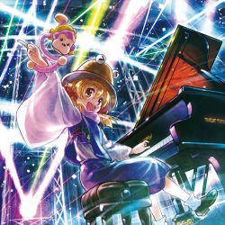Rule 34 | &gt; &lt;, 1girl, :d, blonde hair, brown footwear, commentary request, from side, hair between eyes, hair ribbon, hat, index finger raised, instrument, light brown hair, long sleeves, looking at viewer, looking to the side, low twintails, marashii, moriya suwako, music, open mouth, piano, playing instrument, purple skirt, purple vest, pyonta, red ribbon, ribbon, sakino shingetsu, shoes, sitting, skirt, smile, socks, solo, stool, stuffed animal, stuffed monkey, stuffed toy, touhou, twintails, vest, white socks, wide sleeves