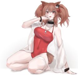 Rule 34 | 1girl, absurdres, angelina (arknights), angelina (summer flower) (arknights), animal ears, arknights, arm support, bare legs, barefoot, blush, breasts, brown hair, cleavage, commentary, covered navel, earpiece, fox ears, fox tail, full body, hair between eyes, hair ribbon, hand to own mouth, highres, infection monitor (arknights), jewelry, kneeling, large breasts, looking at viewer, medium hair, necklace, official alternate costume, one-piece swimsuit, open mouth, red eyes, red ribbon, red one-piece swimsuit, ribbon, simple background, solo, sweatdrop, swimsuit, swimsuit cover-up, tail, thigh strap, twintails, white background, wristband, yuki nko64