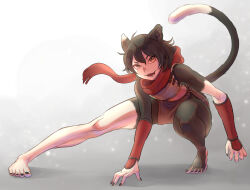 Rule 34 | 1girl, animal ears, arm guards, armor, barefoot, black hair, black nails, body fur, brown eyes, brown skirt, cactus41747280, cat ears, cat girl, cat tail, crop top, dungeon meshi, fangs, floating scarf, full body, gradient background, highres, izutsumi, leather armor, light particles, looking at viewer, midriff, mismatched animal ear colors, nail polish, open mouth, outstretched leg, red scarf, scarf, short hair, skirt, sleeveless, smile, solo, squatting, tail, tail raised, toenail polish, toenails