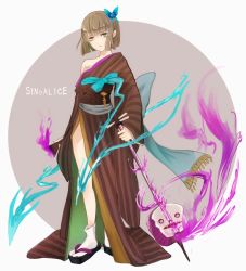 Rule 34 | 1boy, 99tkmo, absurdres, bare shoulders, beige background, brown hair, brown kimono, bug, butterfly, closed mouth, flip-flops, full body, green butterfly, green eyes, gretel (sinoalice), hair between eyes, hair ornament, hansel (sinoalice), highres, holding, holding instrument, insect, instrument, japanese clothes, kimono, looking at viewer, sandals, shamisen, short hair, sinoalice, smile, solo, trap, two-tone background, white background, white legwear, zouri