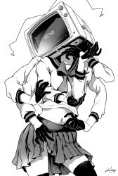 Rule 34 | 1girl, absurdres, black gloves, black sailor collar, black thighhighs, bow, clothes lift, collarbone, commentary, copyright name, cowboy shot, echo (vocaloid), english commentary, extra arms, facing up, finger to own chin, gloves, greyscale, half gloves, hand on own arm, hand on own elbow, hands up, highres, kanda mijinko, long sleeves, monochrome, navel, object head, panties, pleated skirt, primadonna (echo), radio antenna, sailor collar, school uniform, serafuku, shirt bow, signature, simple background, skirt, skirt lift, solo, television, thighhighs, underwear, vocaloid, white background