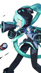 Rule 34 | 1girl, absurdly long hair, ahoge, android, aqua eyes, aqua nails, aqua necktie, cable, cable hair, cheri zao, commentary, detached sleeves, feet out of frame, hatsune miku, headgear, highres, holding, holding megaphone, joints, long hair, mechanization, megaphone, necktie, number tattoo, open mouth, profile, robot girl, robot joints, see-through, see-through skirt, see-through sleeves, simple background, skirt, solo, tattoo, very long hair, vocaloid, white background