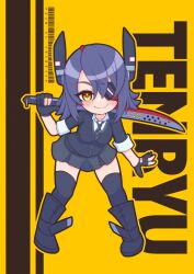 Rule 34 | 1girl, absurdres, barcode, black footwear, black gloves, black skirt, black thighhighs, boots, breasts, character name, chibi, collared shirt, commentary request, daichi (daiti1318), eyepatch, fang, gloves, headgear, highres, holding, holding sword, holding weapon, kantai collection, leaning forward, medium hair, necktie, over shoulder, partially fingerless gloves, purple hair, shirt, simple background, skin fang, skirt, solo, sword, tenryuu (kancolle), thighhighs, weapon, weapon over shoulder