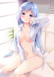 Rule 34 | 1girl, between legs, blue eyes, blue hair, blurry, blush, bottomless, breasts, choker, collarbone, collared shirt, couch, covered erect nipples, covering privates, day, emori miku, hair ornament, hair ribbon, hairclip, hand between legs, hand up, heart, heart choker, highres, indoors, irori, light particles, liver city, long hair, long sleeves, looking at viewer, medium breasts, navel, one side up, open clothes, open shirt, panties, ribbon, shirt, sitting, smile, solo, stomach, striped clothes, striped panties, underwear, unworn panties, very long hair, white shirt, window