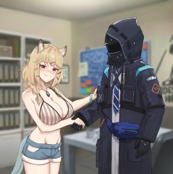 Rule 34 | 1girl, 1other, animal ear fluff, animal ears, arknights, bikini, black jacket, blue necktie, blush, braid, breasts, cleavage, commentary, cowboy shot, doctor (arknights), english commentary, fang, hair ornament, handshake, highres, hood, hooded jacket, indoors, jacket, jewelry, large breasts, long sleeves, looking at viewer, meme, navel, necklace, necktie, office, official alternate costume, open clothes, purple eyes, radioneet, shirt, shorts, skin fang, smile, standing, striped bikini, striped clothes, sweat, swimsuit, swimsuit cover-up, the office, utage (arknights), utage (summer flowers) (arknights), young michael scott shaking ed truck&#039;s hand (meme)