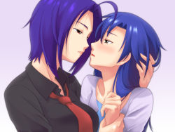 Rule 34 | 2girls, blue hair, blush, breasts, brown eyes, eye contact, face-to-face, holding another&#039;s wrist, idolmaster, idolmaster (classic), imminent kiss, kisaragi chihaya, lips, looking at another, miura azusa, multiple girls, necktie, small breasts, toshifumi, yuri