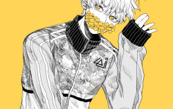Rule 34 | 1boy, commentary request, covered mouth, flower, flower in mouth, hand up, highres, jacket, kamomiland, long sleeves, looking at viewer, male focus, monochrome, original, simple background, sleeves past wrists, solo, spot color, track jacket, upper body, yellow background, yellow eyes, yellow flower, yellow theme