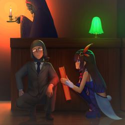 Rule 34 | 1boy, 1girl, absurdres, bad id, bad pixiv id, blue eyes, book, brown hair, character request, commentary request, glasses, hair ornament, hiding, highres, hololive, horror (theme), lamp, long hair, simple background, table, tihoro1609, tokino sora, tokino sora (1st costume), virtual youtuber