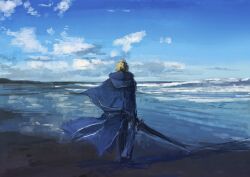 Rule 34 | 1boy, arthur pendragon (fate), blonde hair, blue cape, cape, cloud, ebi (6 5), fate/grand order, fate (series), from behind, holding, holding sword, holding weapon, knight, male focus, ocean, painting (medium), shore, short hair, sky, solo, sword, traditional media, waist cape, water, weapon, wide shot