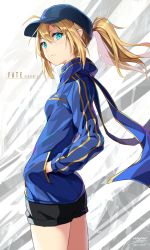 Rule 34 | 1girl, ahoge, artoria pendragon (all), artoria pendragon (fate), baseball cap, blonde hair, blue eyes, blue hat, blue jacket, blue scarf, character name, copyright name, cowboy shot, fate (series), from side, hands in pockets, hat, highres, jacket, looking at viewer, looking to the side, mysterious heroine x (fate), ponytail, rin yuu, rojiura satsuki : chapter heroine sanctuary, saber (fate), scarf, shorts, solo, track jacket, twitter username