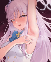 Rule 34 | 1girl, :d, absurdres, arm up, armpits, blue archive, blush, bow, bowtie, breasts, hair bun, highres, long hair, looking at viewer, maqin, mika (blue archive), open mouth, presenting armpit, purple eyes, purple hair, sideboob, single hair bun, sleeveless, smile, solo, sweat