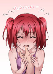 Rule 34 | 10s, absurdres, bad id, bad pixiv id, bare shoulders, blush, camisole, closed eyes, finger in another&#039;s mouth, hand grab, hetero, highres, kurosawa ruby, love live!, love live! sunshine!!, male hand, open mouth, red hair, sweat, two side up, yuuki (nijiiro palette)