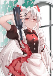 Rule 34 | 1girl, absurdres, ailu elf, alternate costume, apron, arm up, black dress, bottle, bow, closed mouth, collared dress, commentary request, cowboy shot, dress, enmaided, fujiwara no mokou, hair bow, hair ornament, hairclip, highres, holding, holding bottle, long hair, maid, maid apron, puffy short sleeves, puffy sleeves, red bow, red eyes, short sleeves, solo, spilling, touhou, very long hair, white apron, white bow, white hair, window, wine bottle