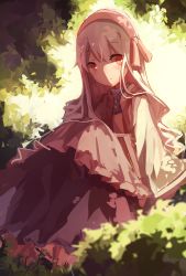 Rule 34 | 10s, 1girl, apron, backlighting, blue dress, blush, book, buttons, capelet, closed mouth, dress, head scarf, highres, kagerou project, knees up, kozakura marry, long hair, looking at viewer, mekakucity actors, open book, outdoors, pink apron, pink ribbon, red eyes, ribbon, silver hair, sitting, solo, tareme, waist apron, wavy hair, you hashira