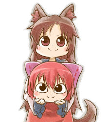 Rule 34 | 2girls, animal ears, black eyes, blush stickers, bow, brown eyes, brown hair, carrying, chamaji, chibi, commentary request, disembodied head, hair bow, imaizumi kagerou, looking at viewer, multiple girls, parody, red hair, sekibanki, smile, style parody, tail, touhou, wolf ears, wolf tail, aged down