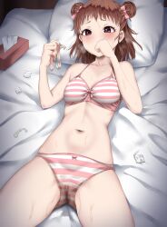 Rule 34 | 1girl, absurdres, aftersex, bed sheet, bow, bra, breasts, breath, brown hair, commentary request, commission, condom, condom wrapper, double bun, hair bow, hair bun, haru (hr works), highres, holding, holding condom, idolmaster, idolmaster cinderella girls, looking at object, lying, medium breasts, medium hair, munakata atsumi, navel, on back, panties, pillow, pointless condom, pussy juice stain, ribbon-trimmed bra, ribbon-trimmed panties, skeb commission, solo, stomach, striped bra, striped clothes, striped panties, sweat, underwear, used condom, used tissue
