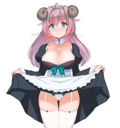 Rule 34 | 1girl, animal ears, anti (0324), apron, aqua eyes, blush, breasts, cameltoe, cleavage, clothes lift, collarbone, detached collar, dress, dress lift, female focus, garter straps, horns, juliet sleeves, large breasts, long sleeves, panties, pink hair, puffy sleeves, sheep ears, sheep horns, simple background, smile, solo, thighhighs, underwear, waist apron, white background, white panties, white thighhighs