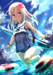 Rule 34 | 10s, 1girl, bad id, bad pixiv id, barefoot, blonde hair, blue eyes, blush, cloud, crop top, day, flower, hair flower, hair ornament, kantai collection, kusano shinta, long hair, looking at viewer, one-piece tan, ro-500 (kancolle), school swimsuit, school uniform, serafuku, sky, smile, solo, swimsuit, swimsuit under clothes, tan, tanline, torpedo, wading, water, wet