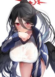 Rule 34 | 1girl, black hair, black wings, blue archive, blush, breasts, commentary request, gym shirt, gym shorts, gym uniform, hair ornament, halo, hasumi (blue archive), hasumi (track) (blue archive), highres, huge breasts, large breasts, long hair, looking at viewer, low wings, mole, mole under eye, nidaime (doronbo), official alternate costume, partial commentary, partially unzipped, ponytail, red eyes, see-through, shirt, shorts, simple background, solo, sportswear, sweat, wings