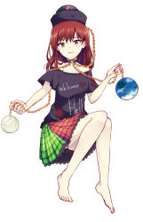 Rule 34 | 1girl, bare legs, bare shoulders, barefoot, black shirt, chain, clothes writing, collar, earth (ornament), full body, hecatia lapislazuli, highres, long hair, looking at viewer, miniskirt, moon (ornament), multicolored clothes, multicolored skirt, off-shoulder shirt, off shoulder, plaid, plaid skirt, red eyes, red hair, shirt, simple background, sitting, skirt, smile, solo, t-shirt, touhou, uranaishi (miraura), white background