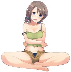 Rule 34 | 10s, 1girl, bare legs, barefoot, blue bra, blue eyes, blue panties, bra, breast hold, breasts, brown hair, camisole, cleavage, colored eyelashes, crossed arms, full body, hair ornament, hair scrunchie, hairclip, highres, indian style, looking at viewer, love live!, love live! sunshine!!, medium breasts, midriff, nanotaro, navel, open bra, open fly, open mouth, panties, scrunchie, short hair, short shorts, short twintails, shorts, simple background, sitting, solo, strap slip, sweat, swept bangs, twintails, underwear, unzipped, watanabe you, white hair