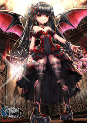 Rule 34 | 1girl, bat wings, black hair, black joa, black thighhighs, blood, blood bag, blood on face, choker, corset, frills, gothic lolita, hair ornament, halloween, highres, jewelry, lens flare, lolita fashion, long hair, long legs, nail polish, orange eyes, original, pigeon-toed, platform footwear, ribbon, solo, standing, thighhighs, torn clothes, torn thighhighs, twintails, unleashed, very long hair, wings