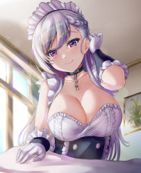 Rule 34 | 1girl, absurdres, azur lane, belfast (azur lane), blush, braid, breasts, chain, cleavage, collar, collarbone, dress, french braid, frills, gloves, highres, large breasts, long hair, looking at viewer, maid, maid headdress, purple eyes, rama (yu-light8), silver hair, smile, solo, white gloves, window