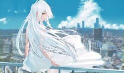 Rule 34 | 1girl, absurdres, bare shoulders, blue sky, cityscape, cloud, day, dress, floating hair, highres, kurobeko (kur0bek0), light smile, long hair, looking at viewer, original, outdoors, parted lips, profile, railing, sideways glance, sitting, sky, solo, white dress, white hair, wind, yellow eyes