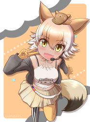 Rule 34 | animal ears, black jacket, blonde hair, coyote, coyote (kemono friends), gloves, highres, jacket, kemono friends, kemono friends v project, monaca (monamona), necktie, shirt, shoes, short hair, skirt, smile, tail, virtual youtuber, white shirt, wolf ears, wolf tail, yellow eyes, yellow gloves