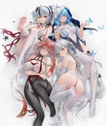 4girls absurdres ahoge alternate_costume arm_under_breasts ass asymmetrical_clothes bare_shoulders black_eyes black_flower black_pantyhose black_ribbon blake_bloom_(wuthering_waves) blue_butterfly blue_eyes blue_hair blue_nails blue_veil blush bow braid breasts bug butterfly camellya_(wuthering_waves) changli_(wuthering_waves) collar colored_extremities colored_eyelashes commentary_request covered_navel earrings elbow_gloves feather_hair feet flower flower_on_chest foot_up garter_belt gloves gold_earrings groin hair_between_eyes hair_extensions hair_flower hair_intakes hair_ornament hair_ribbon hair_vines haku89 hand_grab hand_on_own_chest hand_on_own_face highres huge_breasts insect jewelry jinhsi_(wuthering_waves) large_breasts leotard long_hair looking_at_viewer lying medium_breasts multicolored_hair multiple_girls nail_polish no_shoes on_back paid_reward_available pants pantyhose parted_lips pink_hair red_hands red_ribbon revision ribbon ring_hair_extensions shorekeeper_(wuthering_waves) single_pantsleg smile soles tacet_mark_(wuthering_waves) thighhighs thighs toes twin_braids two-tone_hair two-tone_veil two_side_up veil very_long_hair white_bow white_collar white_eyes white_garter_belt white_gloves white_hair white_pants white_thighhighs white_veil wuthering_waves yellow_eyes