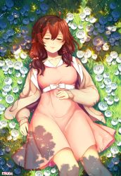 Rule 34 | ahoge, blush, bow, breasts, brown hair, brown jacket, closed mouth, collarbone, dappled sunlight, day, dress, eruqi, field, flower, flower field, flower request, from above, grass, hair bobbles, hair ornament, hand on own stomach, highres, jacket, long sleeves, low twintails, lying, medium breasts, on back, open clothes, open jacket, original, outdoors, plant, red dress, short hair, sleeping, smile, sunlight, thighs, twintails, white bow, white flower