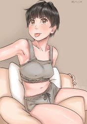 Rule 34 | 1girl, :p, armpits, ayumu (zenkou), black hair, breasts, brown background, brown eyes, couch, covered erect nipples, dated, looking at viewer, medium breasts, original, shiny skin, short hair, shorts, simple background, sitting, solo, sports bra, tongue, tongue out, zenkou