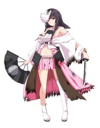 Rule 34 | 1girl, bare shoulders, black hair, boots, breasts, detached sleeves, hand fan, fox mask, full body, holding, holding fan, holding weapon, japanese clothes, kichihachi, kubota (oshiro project), large breasts, long hair, looking at viewer, mask, midriff, navel, nontraditional miko, oshiro project:re, oshiro project:re, pink skirt, pleated skirt, purple eyes, short sword, skirt, solo, sword, thigh boots, thighhighs, torn boots, torn clothes, transparent background, weapon