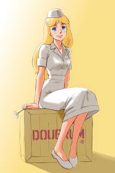 Rule 34 | aobito sukoyaka bystander, blonde hair, blue eyes, crate, daisy, daisy (dougram), female focus, flower, highres, long hair, nurse, sitting, solo, taiyou no kiba dougram