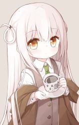 Rule 34 | 1girl, blush, brown eyes, brown jacket, bunny girl (yuuhagi (amaretto-no-natsu)), closed mouth, collared shirt, commentary request, cup, green necktie, grey background, grey vest, hair between eyes, hair rings, holding, holding cup, holding saucer, jacket, long hair, long sleeves, looking at viewer, necktie, off shoulder, open clothes, open jacket, original, saucer, shirt, simple background, sleeves past wrists, solo, upper body, very long hair, vest, white hair, white shirt, wide sleeves, yuuhagi (amaretto-no-natsu)