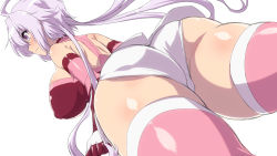 Rule 34 | 1girl, ahoge, ass, bare shoulders, blush, breasts, closed mouth, covered erect nipples, elbow gloves, from behind, gloves, highres, large breasts, leotard, light purple hair, long hair, low twintails, pink thighhighs, purple eyes, red gloves, senki zesshou symphogear, shiny clothes, shiny skin, simple background, solo, standing, thighhighs, twintails, very long hair, white background, white leotard, yoshi tama, yukine chris
