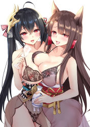 Rule 34 | 2girls, ahoge, akagi (azur lane), animal ears, ass, asymmetrical docking, azur lane, bare arms, bare shoulders, black hair, black panties, blunt bangs, blush, bottle, breast press, breasts, brown hair, champagne flute, cleavage, commentary request, cup, drinking glass, fox ears, hair between eyes, hair ornament, hair ribbon, half-closed eyes, hand up, heart, heart in eye, highres, holding, holding cup, ikura nagisa, large breasts, lingerie, long hair, looking at viewer, mask, multiple girls, nipples, obi, open mouth, panties, pouring, red eyes, ribbon, sake bottle, sash, see-through, simple background, smile, standing, symbol in eye, taihou (azur lane), tokkuri, tongue, tongue out, twintails, underwear, very long hair, white background