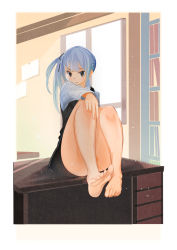 Rule 34 | 10s, 1girl, barefoot, brown eyes, desk, feet, kantai collection, kasumi (kancolle), legs, long hair, looking at viewer, on desk, side ponytail, silver hair, sitting, soles, toes