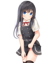 Rule 34 | &gt;:), 1girl, asashio (kancolle), belt, belt buckle, black dress, black hair, black thighhighs, blue eyes, blush, buckle, buttons, clothes lift, comiching, commentary request, dress, dress lift, fingernails, hair between eyes, highres, kantai collection, lifted by self, long hair, panties, pinafore dress, red panties, red ribbon, ribbon, shirt, short sleeves, simple background, sleeveless, sleeveless dress, smile, solo, thighhighs, underwear, v-shaped eyebrows, white background, white shirt