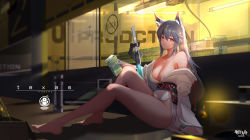 Rule 34 | 1girl, absurdres, alternate costume, animal ear fluff, animal ears, arknights, artist name, bare legs, bare shoulders, barefoot, black hair, breasts, brown eyes, character name, chinese commentary, cleavage, commentary request, copyright name, highres, indoors, long hair, long sleeves, looking at viewer, medium breasts, off shoulder, penguin logistics logo, sitting, solo, texas (arknights), thighs, tibbers (502391384), wolf ears