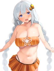 Rule 34 | 1girl, :d, ahoge, blue eyes, bracelet, braid, breasts, cleavage, commentary request, hair ornament, head tilt, highres, jewelry, kizuna akari, large breasts, long hair, looking at viewer, microphone, navel, nekoshoko, open mouth, orange skirt, silver hair, simple background, skirt, smile, solo, standing, stomach, strapless, tube top, twin braids, very long hair, vocaloid, voiceroid, white background