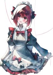 Rule 34 | 1girl, absurdres, apron, arima kana, black skirt, blush, bob cut, bow, bowtie, collar, dress, highres, inverted bob, jigsaw paru, looking at viewer, maid, maid apron, maid headdress, open mouth, oshi no ko, red bow, red bowtie, red eyes, red hair, red ribbon, ribbon, short hair, simple background, skirt, solo, white apron, white background, white collar