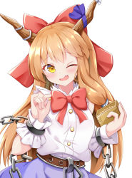 Rule 34 | 1girl, beans, blue ribbon, blue skirt, blush, bow, buttons, chain, fang, hair between eyes, hair bow, holding, horn ornament, horn ribbon, horns, ibuki suika, long hair, masu, one eye closed, oni horns, open mouth, orange hair, red bow, ribbon, rururiaru, shirt, simple background, skirt, solo, torn clothes, torn sleeves, touhou, upper body, white background, white shirt, yellow eyes