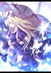 Rule 34 | 1girl, absurdres, bad id, bad pixiv id, blonde hair, breasts, bug, butterfly, dress, female focus, hat, highres, insect, itoo, letterboxed, long hair, medium breasts, purple eyes, ribbon, solo, touhou, yakumo yukari