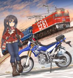 Rule 34 | 1girl, black footwear, blue eyes, blue pants, blue sky, boots, breath, camera, cloud, cloudy sky, commentary request, denim, dusk, dutch angle, fringe trim, gradient hair, hands in pockets, highres, jacket, jeans, locomotive, long hair, mikeran (mikelan), motor vehicle, motorcycle, multicolored hair, orange sky, original, outdoors, pants, partial commentary, print scarf, red jacket, red scrunchie, scarf, scrunchie, sky, snow, solo, standing, standing on one leg, yamaha wr250