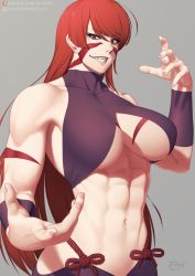 Rule 34 | 1girl, abs, artist name, breasts, commentary request, covered collarbone, fanbox username, fuuma kotarou (tenkaichi), grey background, large breasts, long hair, looking at viewer, muscular, muscular female, navel, parted lips, patreon username, putcher, red eyes, red hair, simple background, solo, teeth, tenkaichi nihon saikyou bugeisha ketteisen, underboob, upper body, watermark