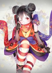 Rule 34 | 10s, 1girl, alternate costume, alternate hairstyle, black gloves, black hair, blush, character name, double bun, english text, female focus, fingerless gloves, floral print, gloves, grin, hair bun, hair ornament, hairpins, happy, head tilt, highres, inuko (redconstellation), looking at viewer, love live!, love live! school idol festival, love live! school idol project, ninja, one eye closed, red eyes, red scarf, scarf, short hair, sitting, smile, solo, striped clothes, striped thighhighs, thighhighs, yazawa nico