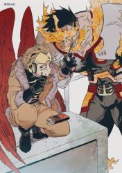 Rule 34 | 2boys, artist name, bbuolp, beard, black hair, blonde hair, bodysuit, boku no hero academia, boots, chocolate, coat, eating, endeavor (boku no hero academia), eyewear on head, facial hair, feathered wings, fire, food, food in mouth, fur trim, gloves, goggles, hand on own hip, hawks (boku no hero academia), headphones, holding, holding food, male focus, mature male, mouth hold, multiple boys, muscular, muscular male, pocky, red wings, scar, scar across eye, scar on face, sharing food, short hair, simple background, spiked hair, squatting, superhero costume, twitter username, white background, wings